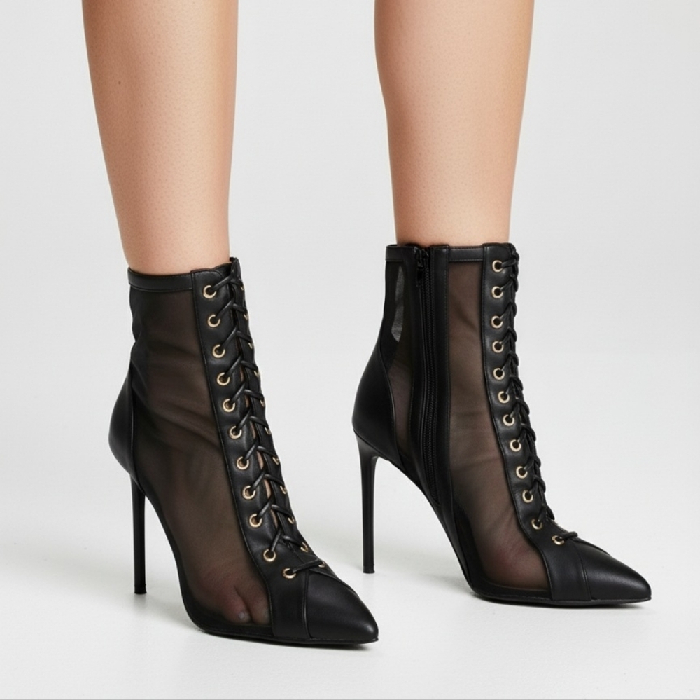 Anne Michelle Mesh Lace-Up Stiletto Booties | Size 10
